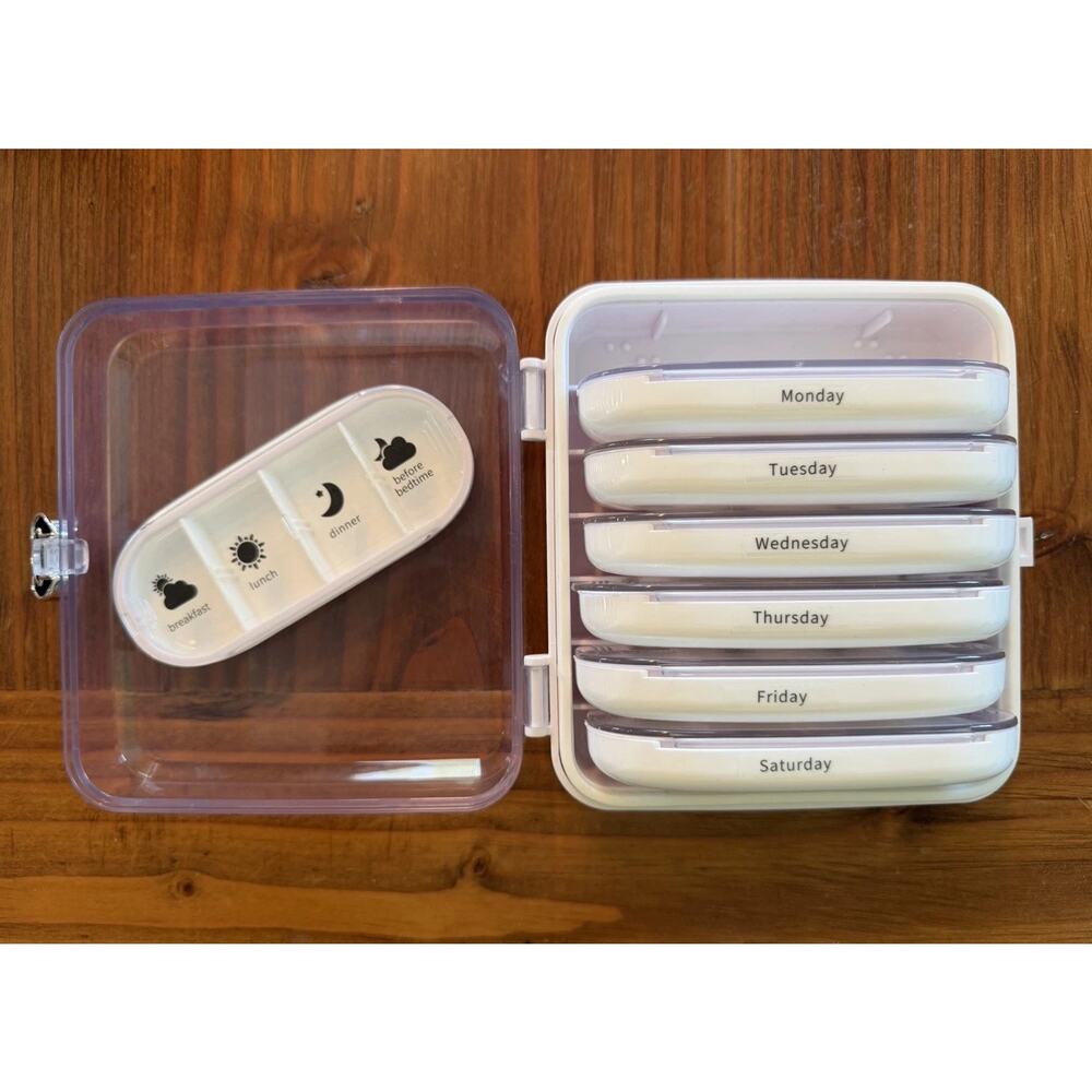 VANYARLIFE 7-Day Pill Organizer, 5 Compartments, Travel, Lock, White/Clear